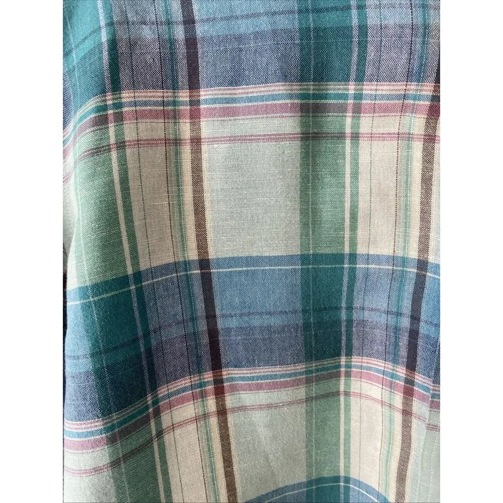 Banana Republic Shirt Mens XL Green Blue Plaid Linen Long Sleeve Office Preppy